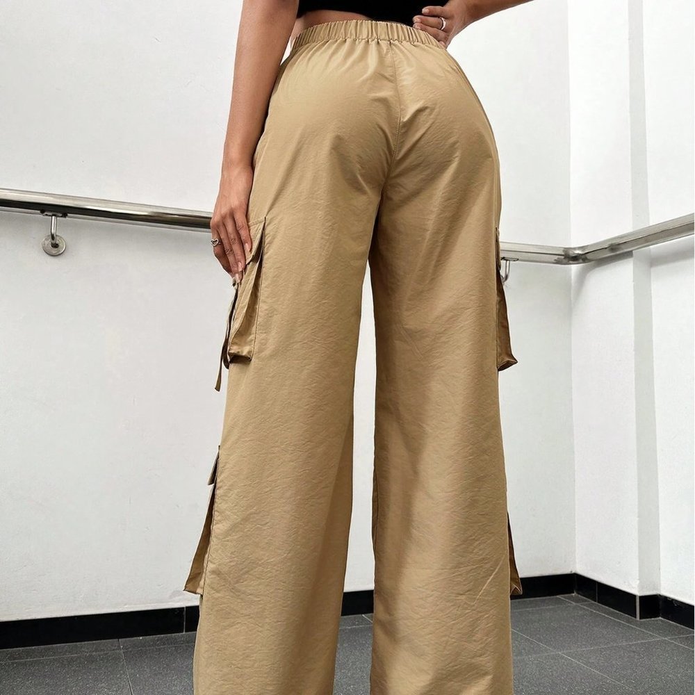Khaki Casual Womens Flap Pocket Side Cargo Pants - Picture 2 of 4